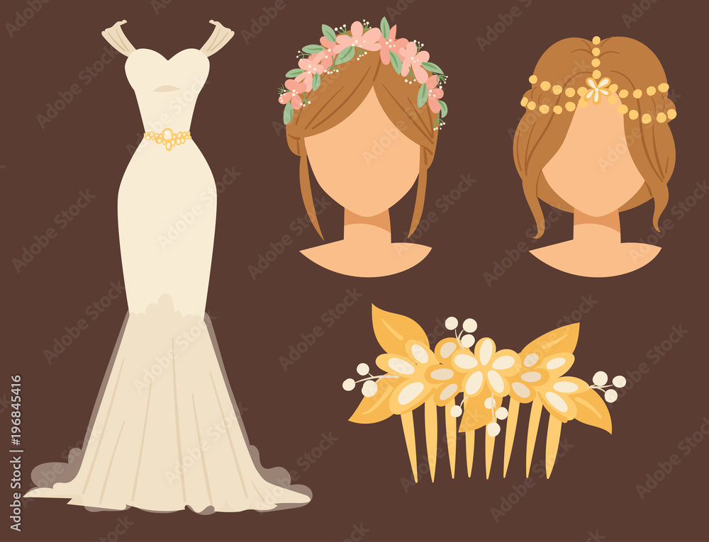 Wedding bride dress accessory vector celebration illustration fashion bridal design modern marriage accessories silhouette.