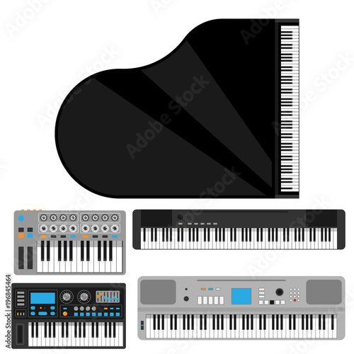 Keyboard musical instruments vector classical piano melody studio acoustic shiny musician equipment electronic sound illustration.