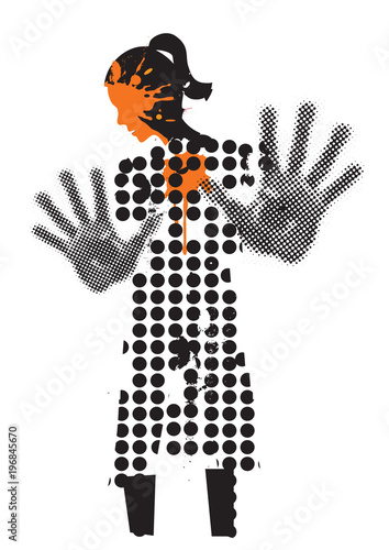Young Woman victim acid attack.
Grunge stylized woman silhuette with arms in defensive position.Vector available.