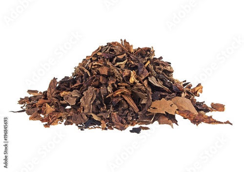 Heap of dry tobacco on a white background