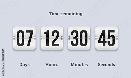 Flip countdown clock counter timer. Vector time remaining count down flip board with scoreboard of day, hour, minutes and seconds for web page upcoming event template design, under constuction page.