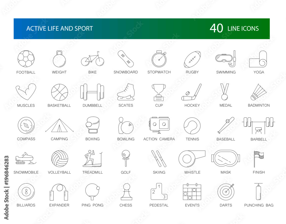 Line icons set. Active Life and Sport pack. Vector Illustration