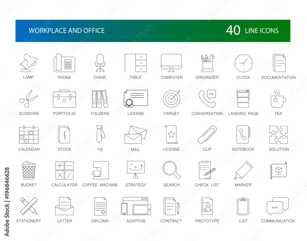 Line icons set. Workplace nad Office pack. Vector Illustration