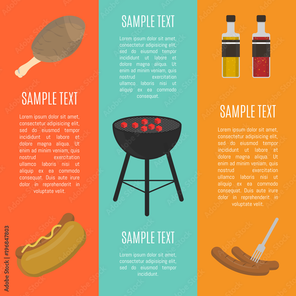Vector illustrations with charcoal kettle grill, hot dog, sausages, sauce  and ketchup bottles on color background. BBQ party vertical banner, flyer,  promo restaurant poster with space for text. Stock Vector | Adobe