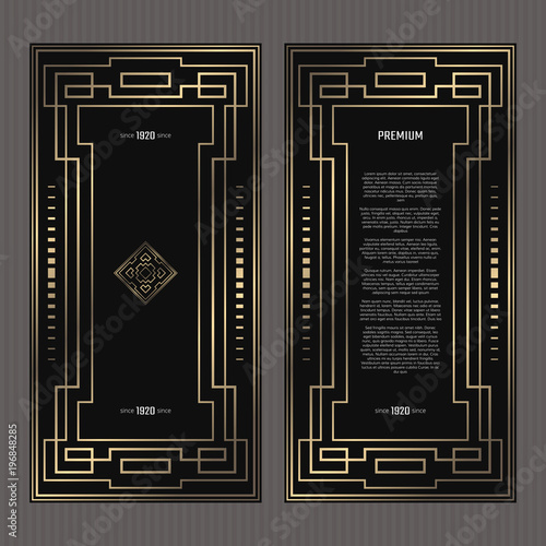 Vector card. Art Deco style. Dark golden geometric frame on black background. Luxury menu concept with logo.