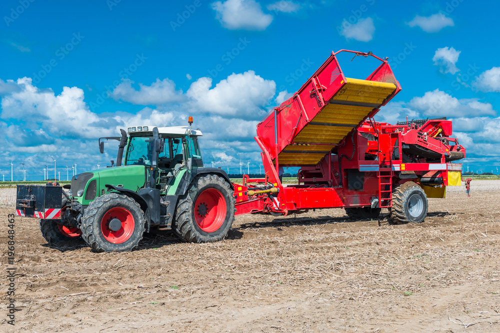 Fototapeta premium Traktor mit Kartoffelernter auf dem Feld - 6727