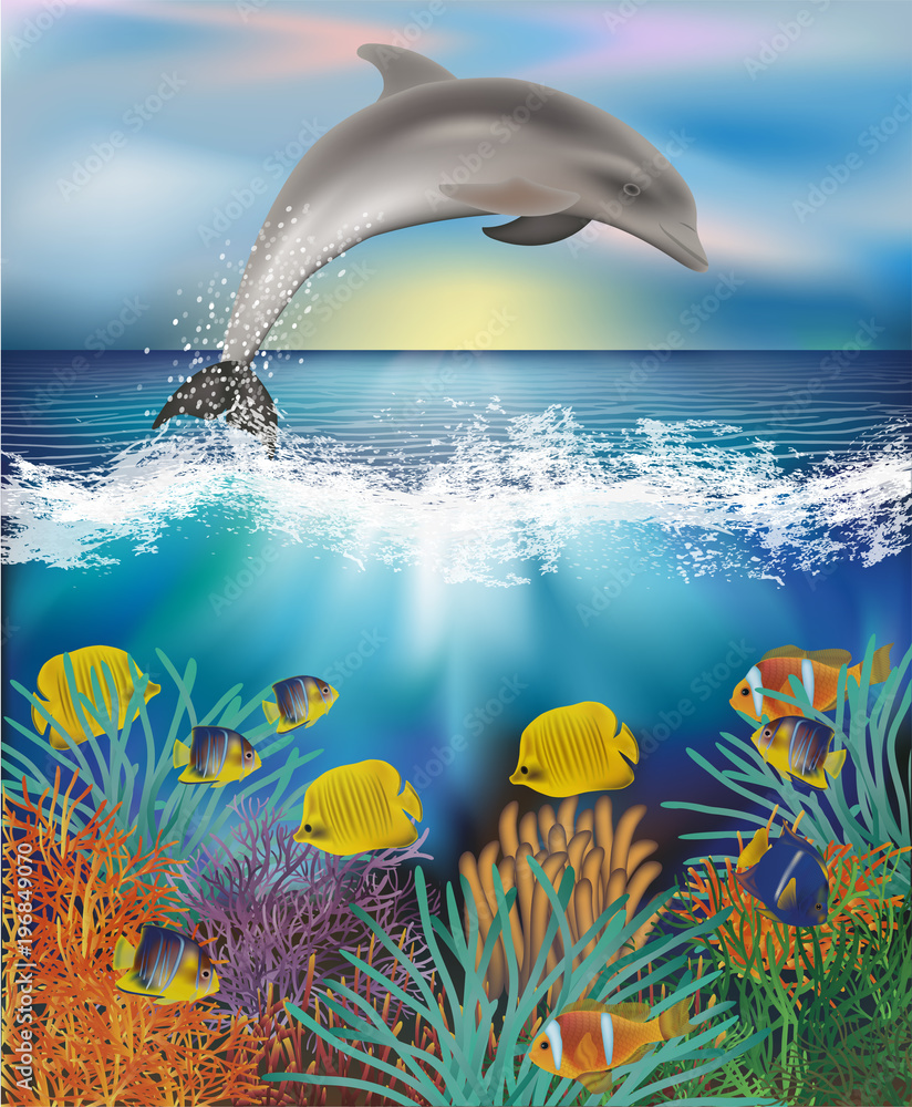 Fototapeta premium Underwater wallpaper with Dolphin and Tropical fish, vector illustration