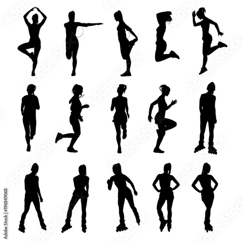 Collection of various woman silhouettes running, rollerskating, stretching and exercising. Easy editable layered vector illustration. 