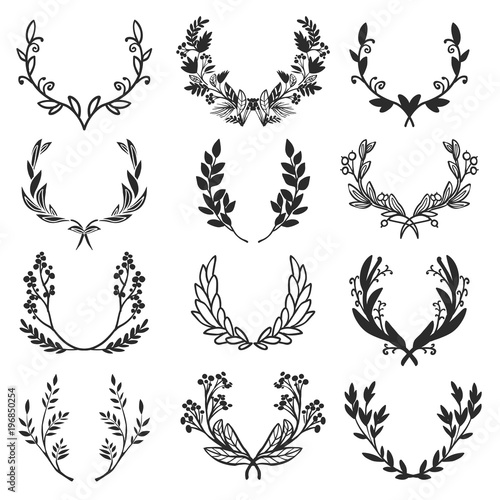 Vintage set of hand drawn rustic laurels. Floral vector graphic on blackboard. Nature design elements.