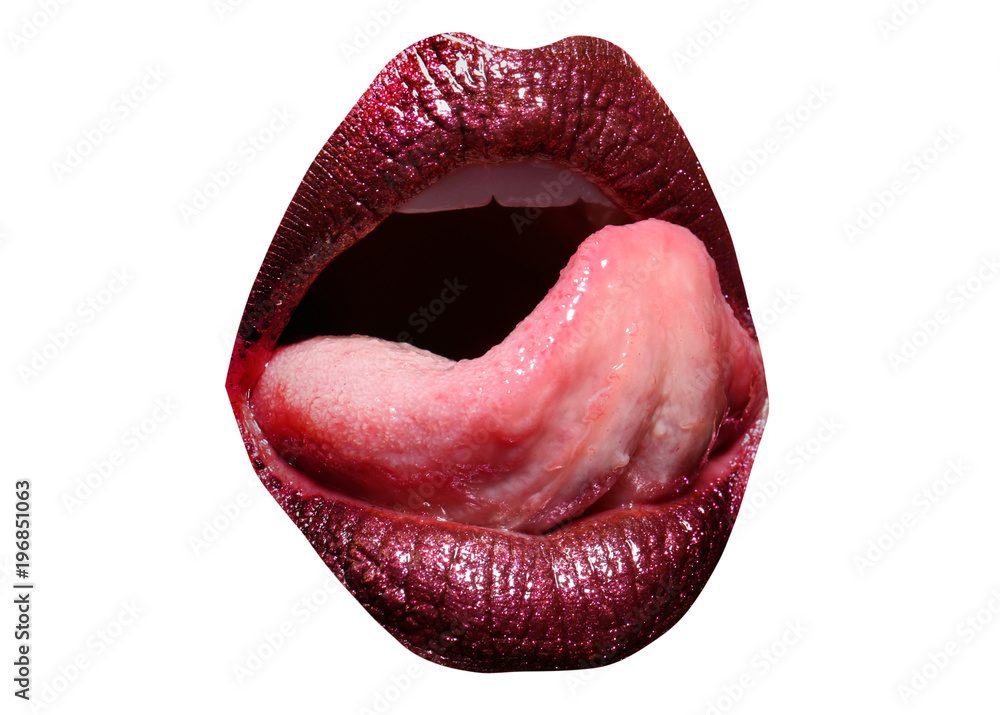 Mouth with tongue, sexy lips lick, girl with red sensual mouth isolated on  white background. Lipstick kiss, makeup and passion, woman seduces. Beauty  and cosmetics concept Stock Photo | Adobe Stock
