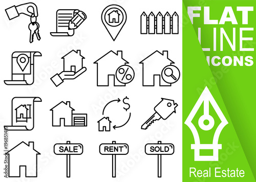 Editable stroke 70x70 pixel. Simple Set of real estate vector sixteen flat line Icons - key, contract, fence, map, discount, find, drawing, garage, sale, house, sale, rent, sold