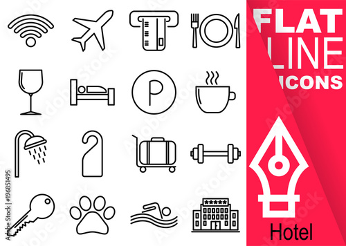Editable stroke 70x70 pixel. Simple Set of hotel vector sixteen flat line Icons - wifi, airplane, card, meal, drink, room, parking, breakfast, shower, not enter, suitcase, gym, key, pet, swimming pool
