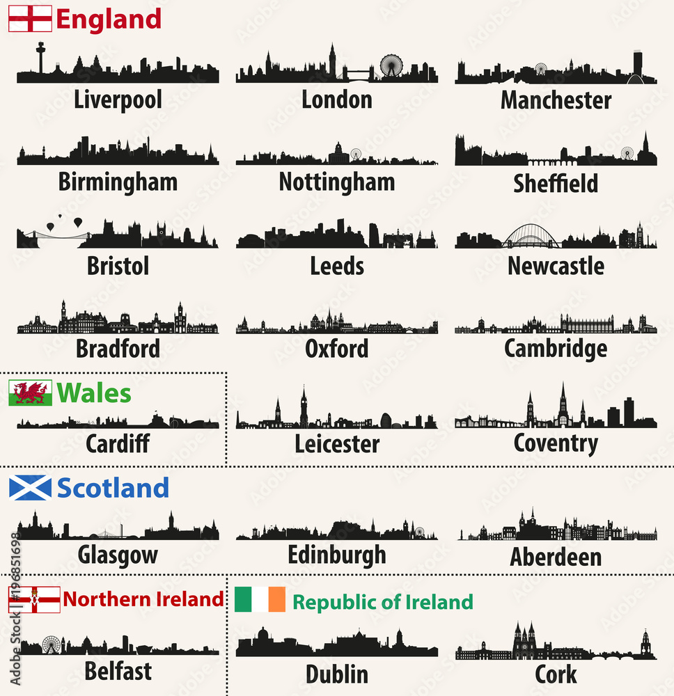 Obraz premium vector city skylines of British Isles countries (England, Scotland, Wales, Northern Ireland and Republic of Ireland)