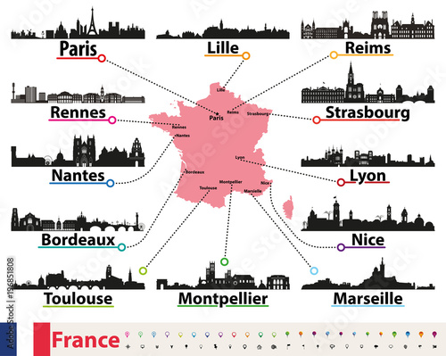 France map with largest cities skylines silhouettes vector set