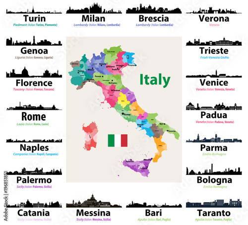 Italy map with largest italian cities skylines silhouettes