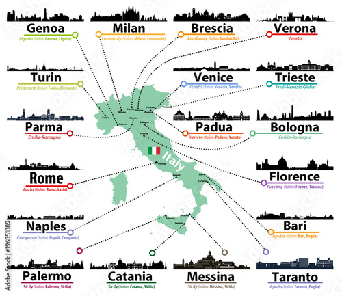 Italy map with largest italian cities skylines silhouettes vector set photo