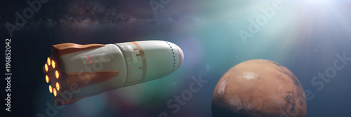 Foto futuristic rocket approaching planet Mars, space ship mission to the red planet