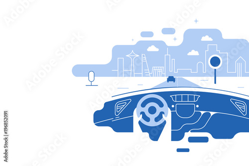 Dashboard car and driver.Hands driving a car on the highway. Drive safely warning billboard.Flat vector illustration. Car on asphalt road with speed limit on highway car interior. background