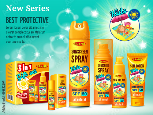 Poster of set sunscreen, cream, lotion, gel, balsam and spray for children. Protection from the sun. 3d realistic vector illustration.