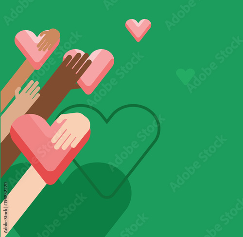 Charity concept.Donator holding heart in their hands.Vector illustration flat design.Isolated on green background. Volunteer poster.Human helping. Healthcare.Team work