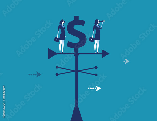 Business team standing on weather vane and searching for success. Concept business partnership vector illustration.