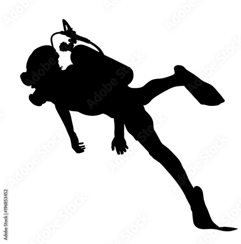 Scuba diving silhouette vector illustration isolated on white background.. Sport underwater, water sea, glove and flashlight, mask and snorkel. Diving school, Scuba school. Beach fun, fishing,swimming