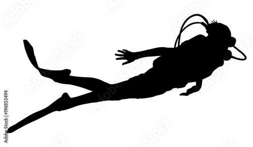 Scuba diving silhouette vector illustration isolated on white background. Sport underwater, lake, sea, glove and flashlight, mask and snorkel. Diving school, Scuba school. Beach fun, fishing,swimming 