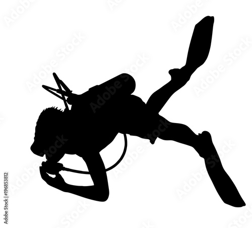 Scuba diving silhouette vector illustration isolated on white background.. Sport underwater, water sea, glove and flashlight, mask and snorkel. Diving school, Scuba school. Beach fun, fishing,swimming
