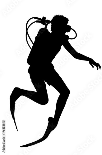 Scuba diving silhouette vector illustration isolated on white background.. Sport underwater, water sea, glove and flashlight, mask and snorkel. Diving school, Scuba school. Beach fun, fishing,swimming