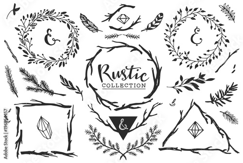 Rustic decorative elements with lettering. Hand drawn vintage vector design set.