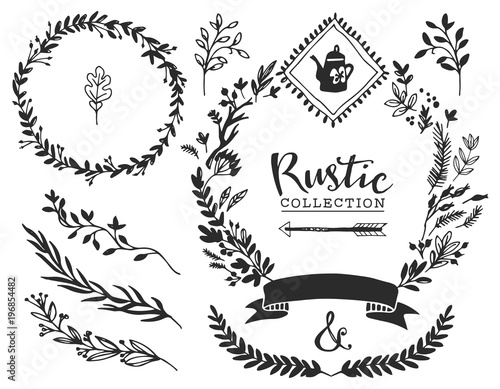 Rustic decorative elements with lettering. Hand drawn vintage vector design set.