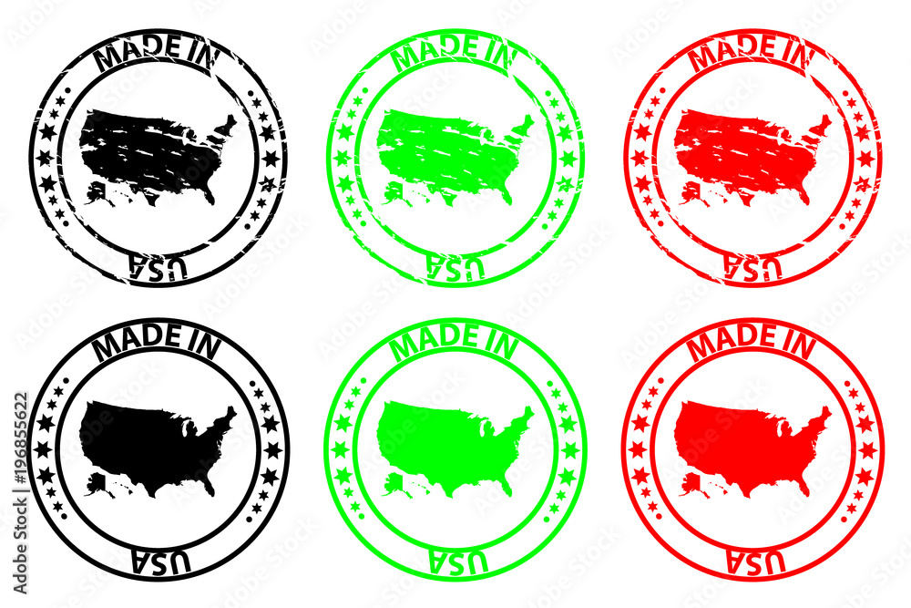 Made in USA - rubber stamp - vector, United States of America map pattern - black, green and red