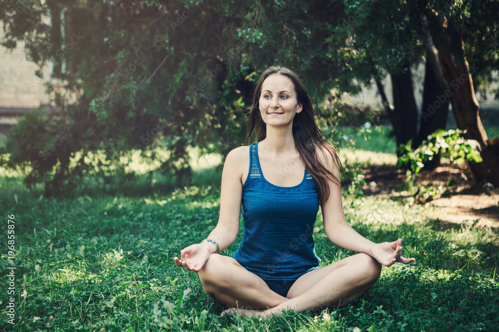 custom made wallpaper toronto digitalYoung yoga woman practitioners yoga on nature.