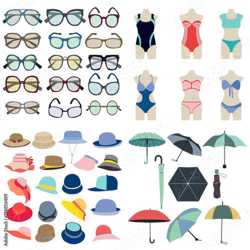 Collection icon of summer fashion accessories in flat style