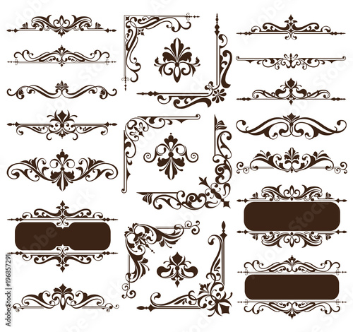 Vintage design elements ornaments frame corners curbs retro stickers and damask vector set illustration white background