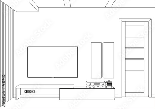 3D vector illustration. TV stand and entertainment center with appliances and decors. Modern living room interior. Modern creative TV furniture design. Home Interior Design Software Programs.