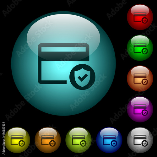 Safe credit card transaction icons in color illuminated glass buttons