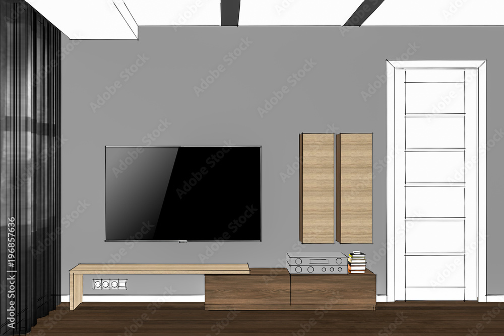 3D illustration. TV stand and entertainment center with appliances and decors. Modern living room interior. Modern creative TV furniture. Home Interior Design Software Programs. 3D illustration. TV stand and entertainment center with appliances and decors. Modern living room interior. Modern creative TV furniture. Home Interior Design Software Programs.