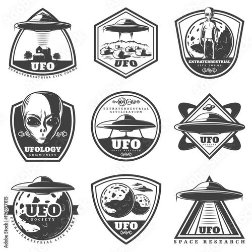 Vintage Monochrome UFO Labels Set
