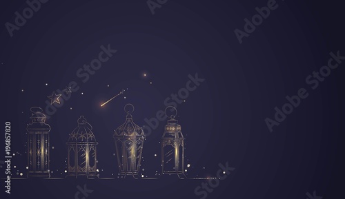 Hand Drawn Illusration of Ramadan Lanterns with Golden Lights on Dark Blue Background. Vector Illustration