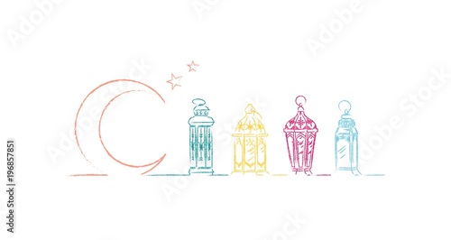 Ramadan kareem greeting card. Collection of colorful lanterns on white background. Vector illustration