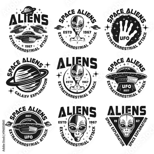 Ufo and aliens collection of nine emblems, labels, badges, stickers and prints isolated on white background. Vector illustration in vintage style