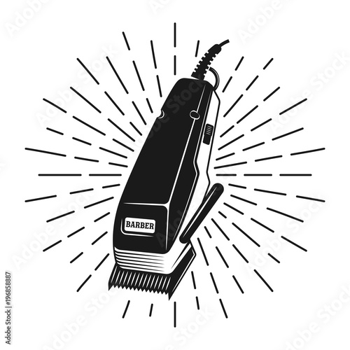 Hair clipper stamp with rays vector monochrome illustration in vintage style isolated on white background