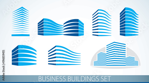 Futuristic buildings set, modern style vector architecture illustrations collection. Real estate realty business center designs. 3D business office facades in city. Can be used as a logos or icons.