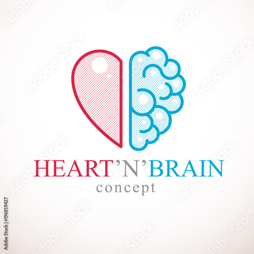 Heart and Brain concept, conflict between emotions and rational thinking, teamwork and balance between soul and intelligence. Vector logo or icon design.