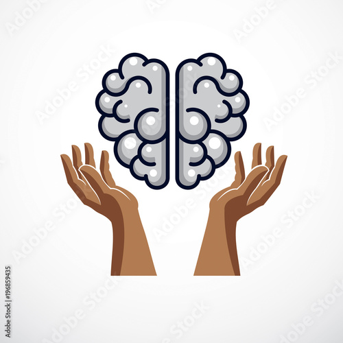 Human anatomical brain with tender defending hands of care. Vector illustration, logo or icon. Care for mental health, careful and correct education concept.