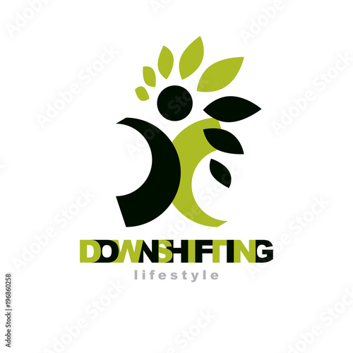 Vector illustration of happy abstract individual with raised hands up. Downshifting concept logo. Vegetarian theme symbol. Green ecology metaphor.
