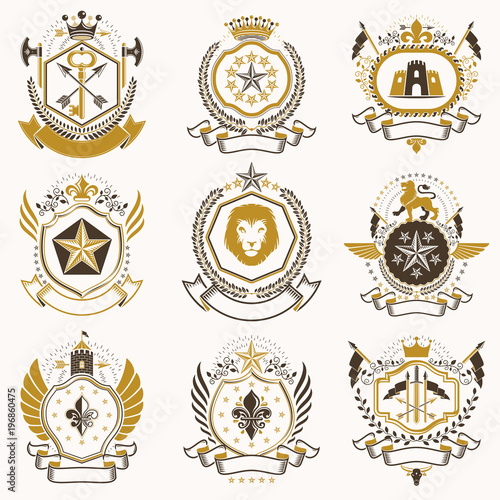 Vector classy heraldic Coat of Arms. Collection of blazons stylized in vintage design and created with graphic elements  royal crowns and flags  stars  towers  armory  religious crosses.