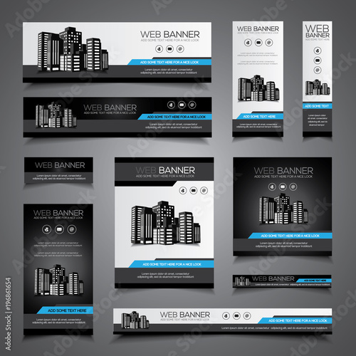 Web banner, header or print ready flyer and card template set in different sizes, black and blue vector design