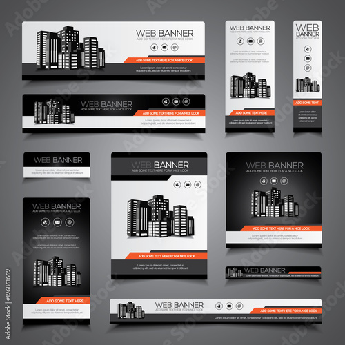 Web banner, header or print ready flyer and card template set in different sizes, black and orange vector design photo